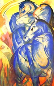 The Tower of Blue Horses (Der Turm der blauen Pferde), by the German Expressionist artist Franz Marc (1913).