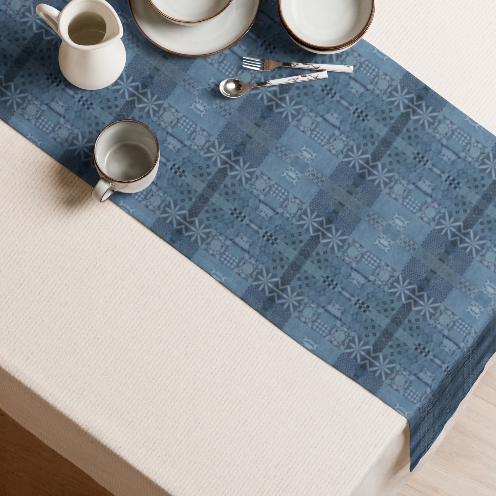Blue Tiled Stream Sashiko (刺し子) Table Runner - Image 8