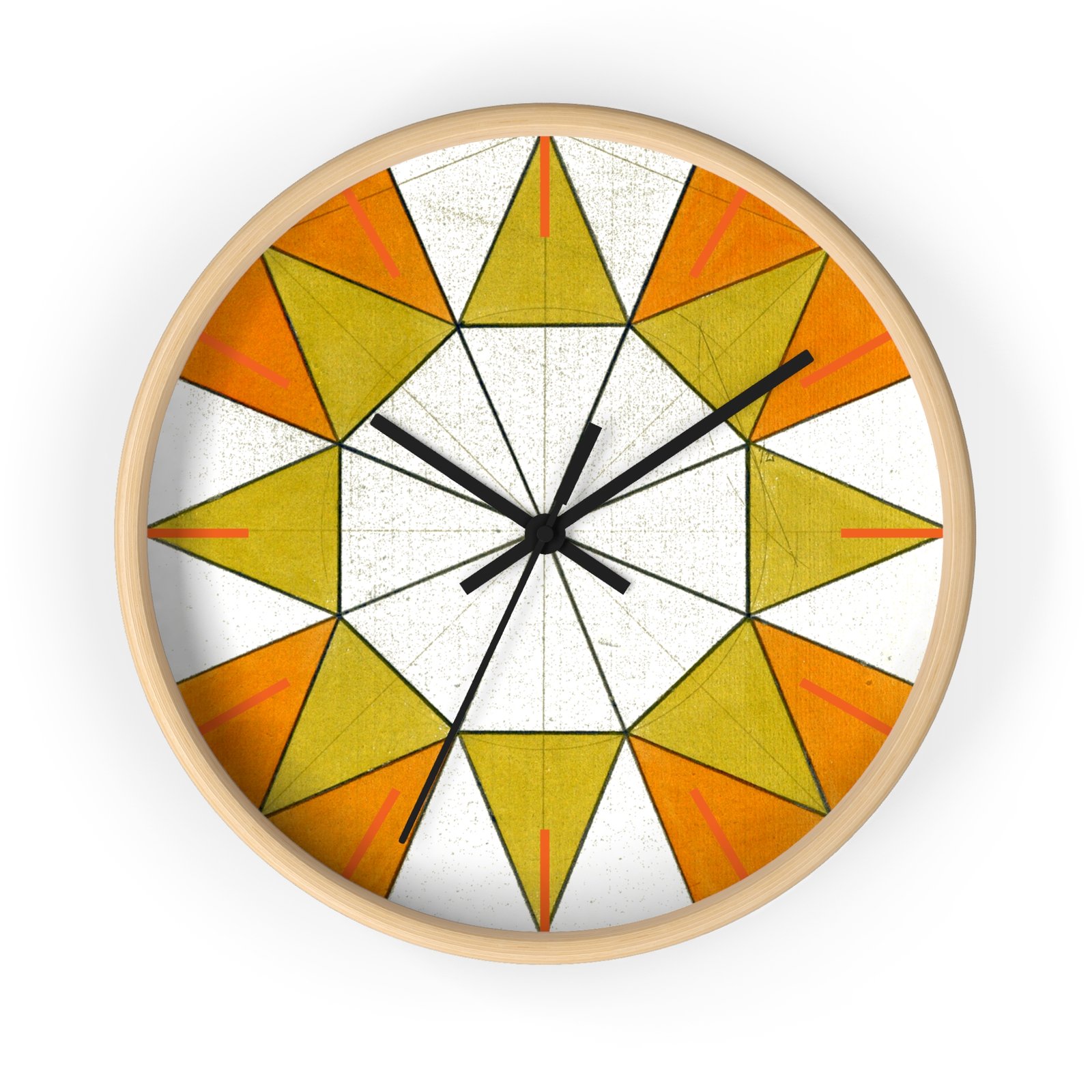 Geometric Sunburst Wall Clock — Mid-Century Modern Orange & Mustard Home Decor