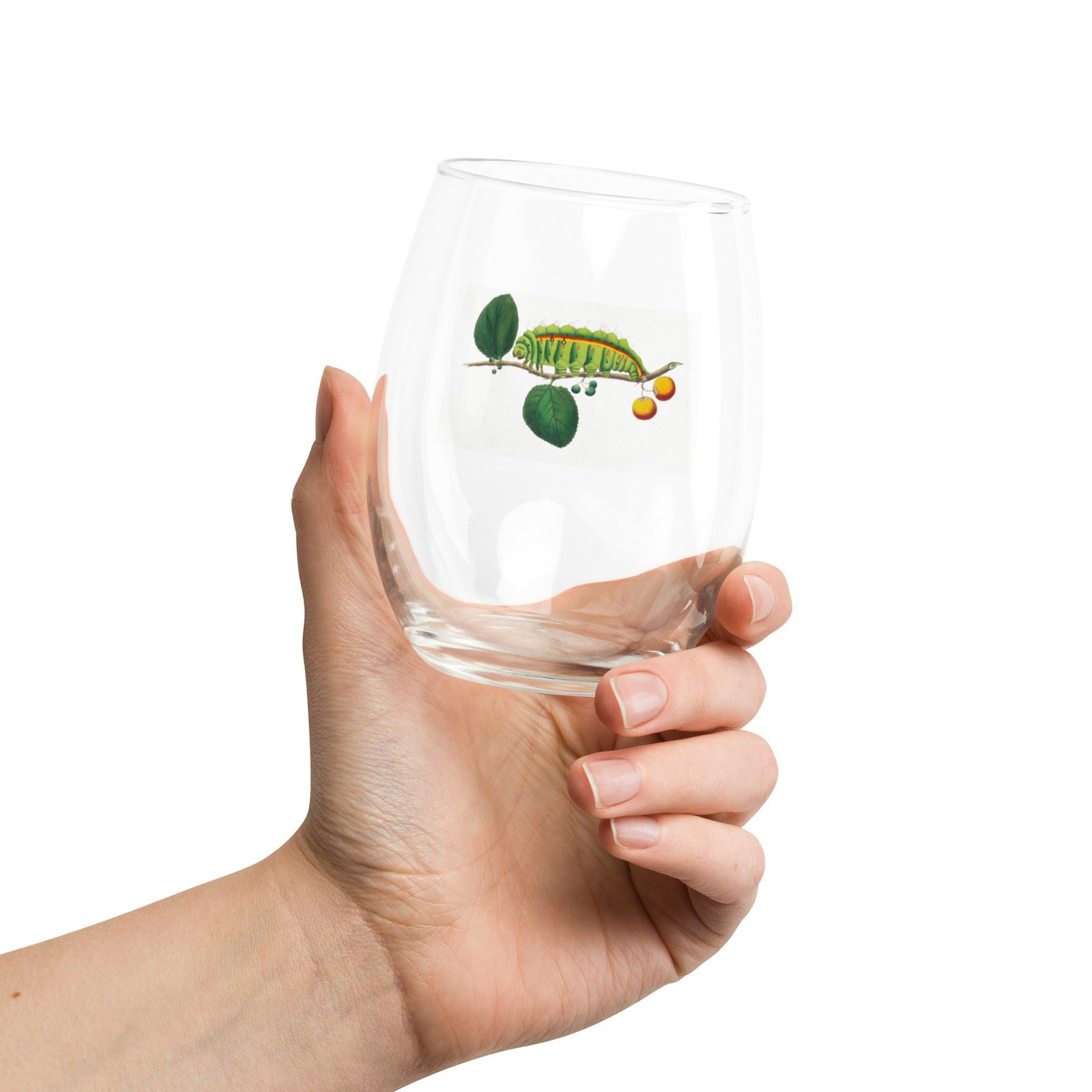 Berry-Bearing Caterpillar Stemless Wine Glass