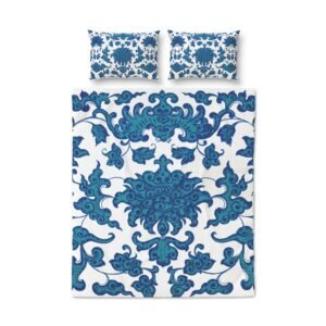 Blue Ornate Damask Quilt Cover Set — 3-Piece Decorative Bedding