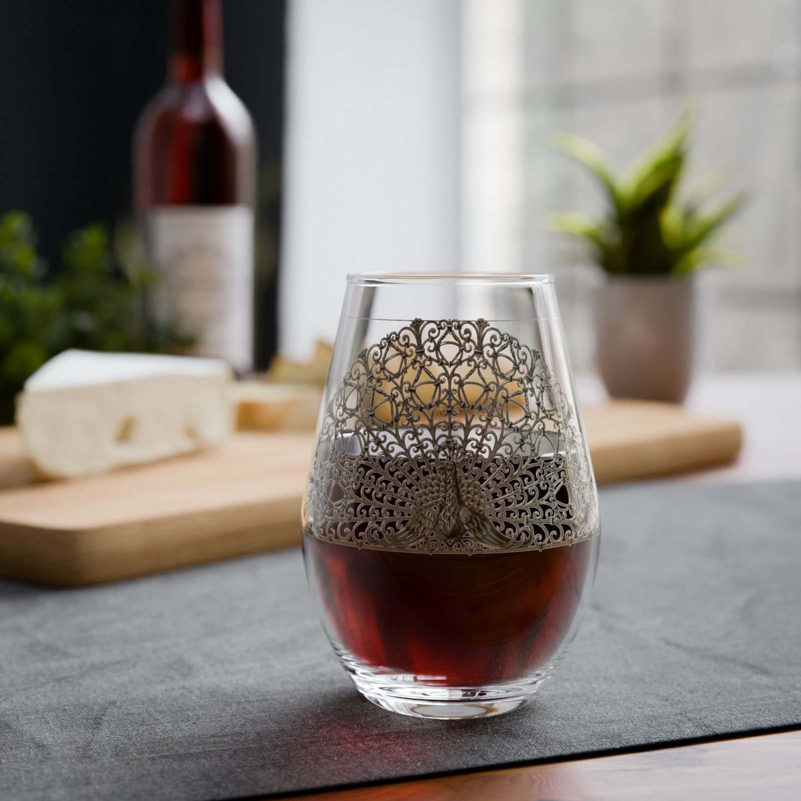 Peacock Lace Stemless Wine Glass — 11.75 oz Decorative Glassware - Image 5