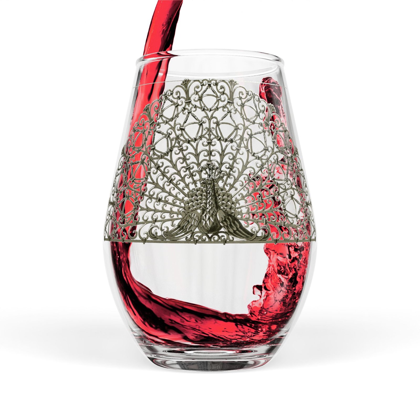 Peacock Lace Stemless Wine Glass — 11.75 oz Decorative Glassware - Image 6