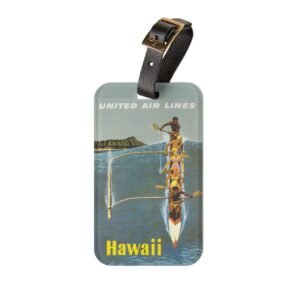 Hawaii Outrigger Canoe Vintage Travel Luggage Tag — United Air Lines Retro Beach Design