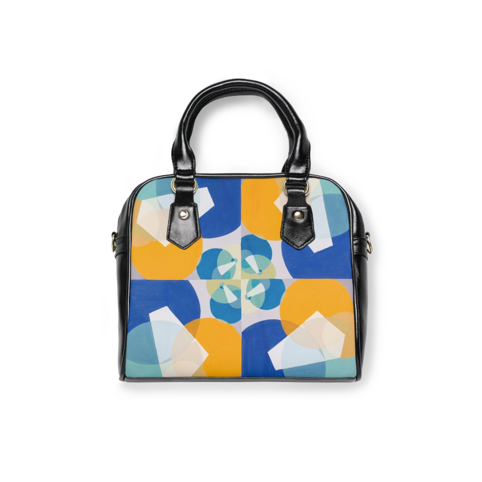 Geometric Kaleidoscope Shoulder Handbag — Blue & Mustard Retro Pattern - Image 2