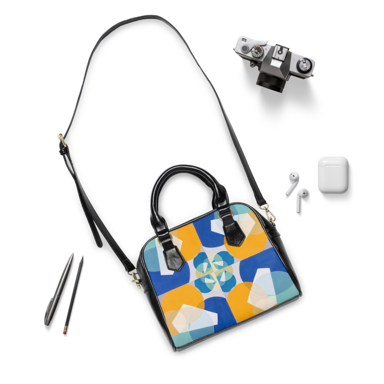 Geometric Kaleidoscope Shoulder Handbag — Blue & Mustard Retro Pattern - Image 3