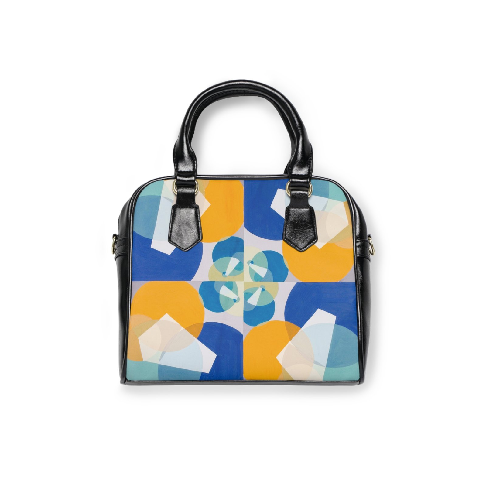 Geometric Kaleidoscope Shoulder Handbag — Blue & Mustard Retro Pattern