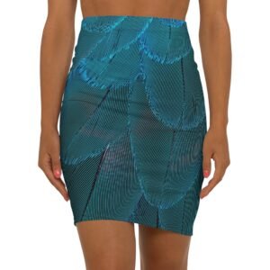 Teal Feather Print Pencil Skirt — Women's Mid-Waist Bodycon