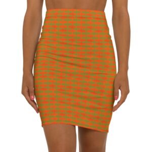 Orange & Gold Geometric Pencil Skirt — Retro Houndstooth Patterned Mid-Waist Skirt