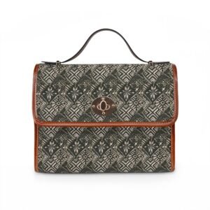 Canvas Satchel Bag — Waterproof Olive Geometric Pattern with Leather Trim