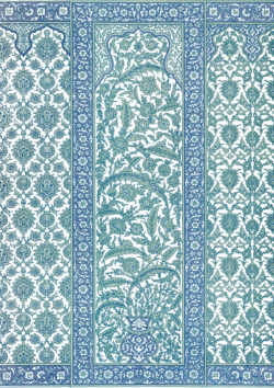 19th-century lithograph titled "Tiled Panel from Mosque of Ibrahym Agha" from the book La Décoration Arabe by Émile Prisse d'Avennes. 19th-century lithograph titled "Tiled Panel from Mosque of Ibrahym Agha" from the book La Décoration Arabe by Émile Prisse d'Avennes.